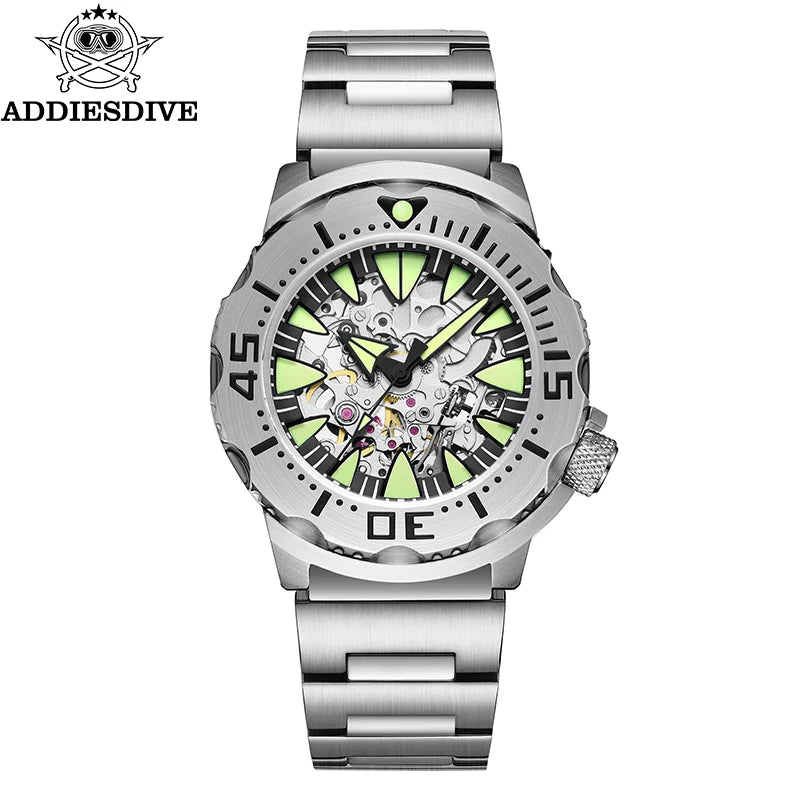 ADDIESDIVE Luxury Automatic Watches for Men Sapphire 8N24 Stainless Steel Skeleton Luminous 20Bar Waterproof Gift Box Watch
