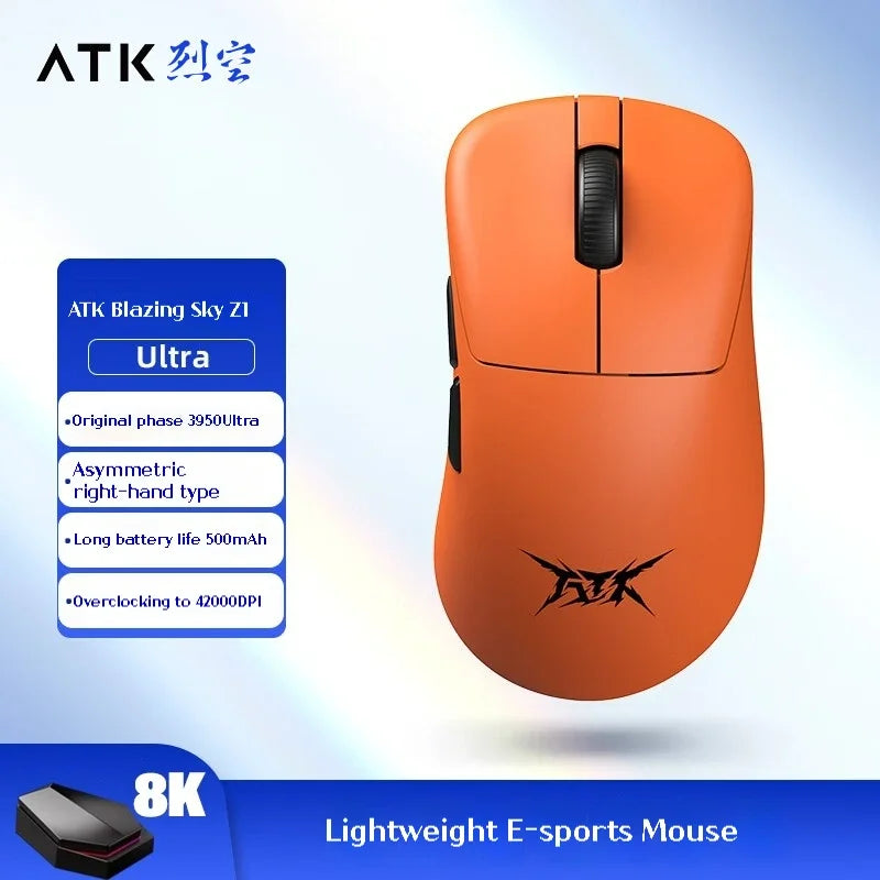 Rato Gaming Sem Fios ATK Z1 Pro Max Ultra com Pé Personalizado, PAW3950 Ultra Smart Speed Wireless, Taxa de Polling 8k e Baixa Latência de 0.39ms