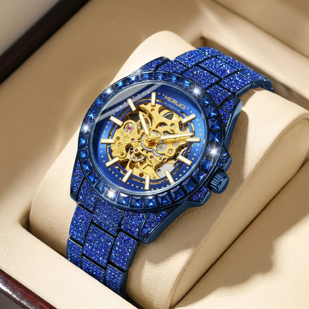 A men's green steel strap luxury trendy analog delicate pinion automatic mechanical watch