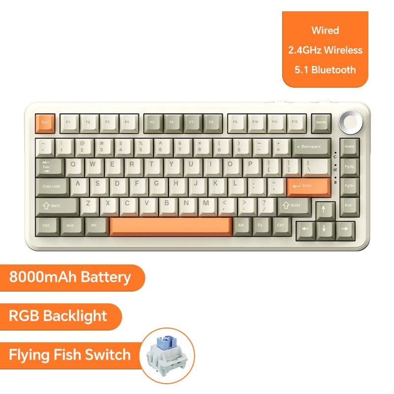 Tastiera meccanica da gaming Ajazz AK820/AK820Pro Bluetooth 5.1/wireless/cablata USB-C personalizzata con manopola, hot swap e gasket