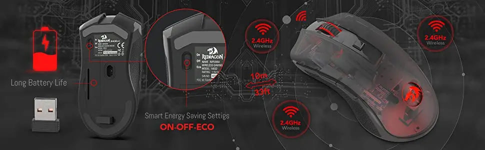 Rato sem fios Redragon M652 Optical 2.4G com recetor USB, rato portátil para gaming e escritório, 5 níveis de DPI ajustáveis