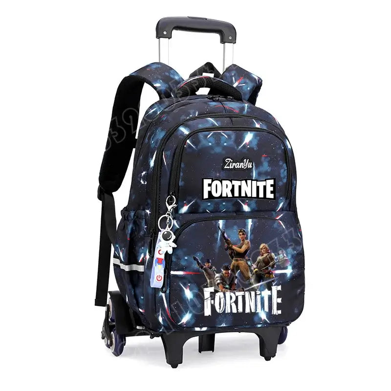 Mochila com Rodas Fortnite Anime, Impermeável, de Grande Capacidade, para Estudante — Saco Escolar Casual de Viagem com Carrinho e Subida Fácil de Escadas