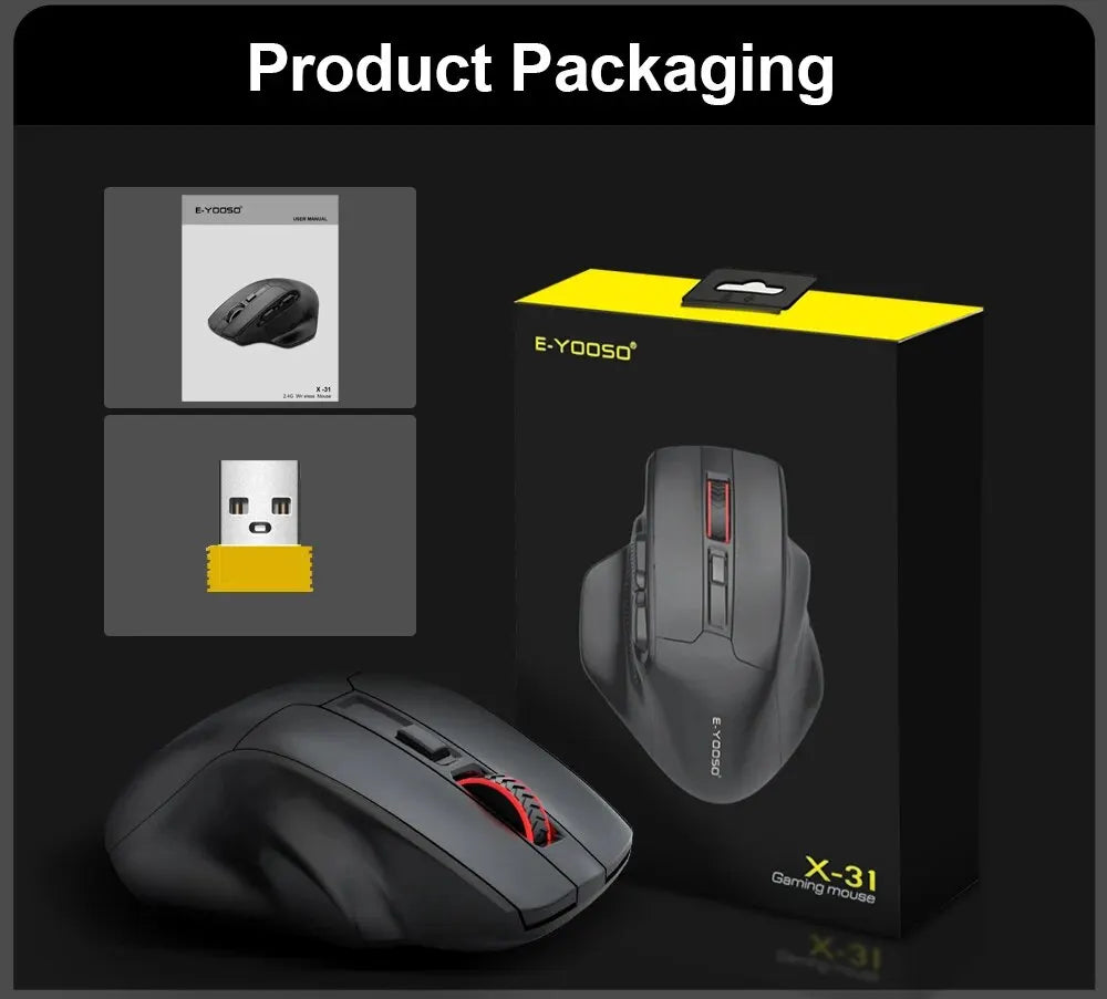 E-YOOSO X-31 USB 2.4G Wireless Gaming Large Mouse for Big Hands PAW3212 4800 DPI 5 Buttons for Gamer Mice Computer Laptop PC