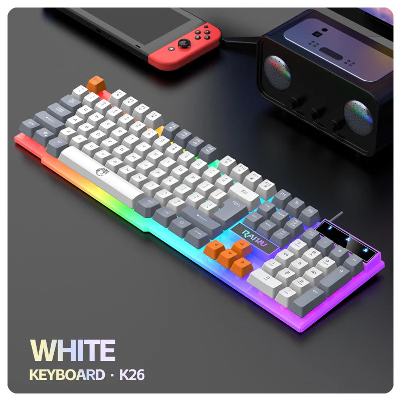 Teclado individual e conjunto teclado + rato RAIKU T26 de três tons com iluminação, teclado e rato com fios, toque mecânico, conjunto gaming