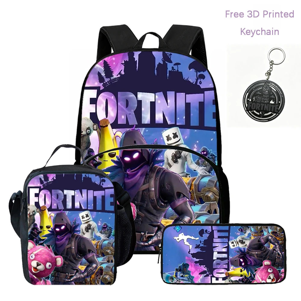 Zaino FORTNITE leggero 3 pezzi con tasca frontale, borsa pranzo, astuccio e portachiavi 3D stampato gratuito per bambini e bambine dai 5 ai 10 anni
