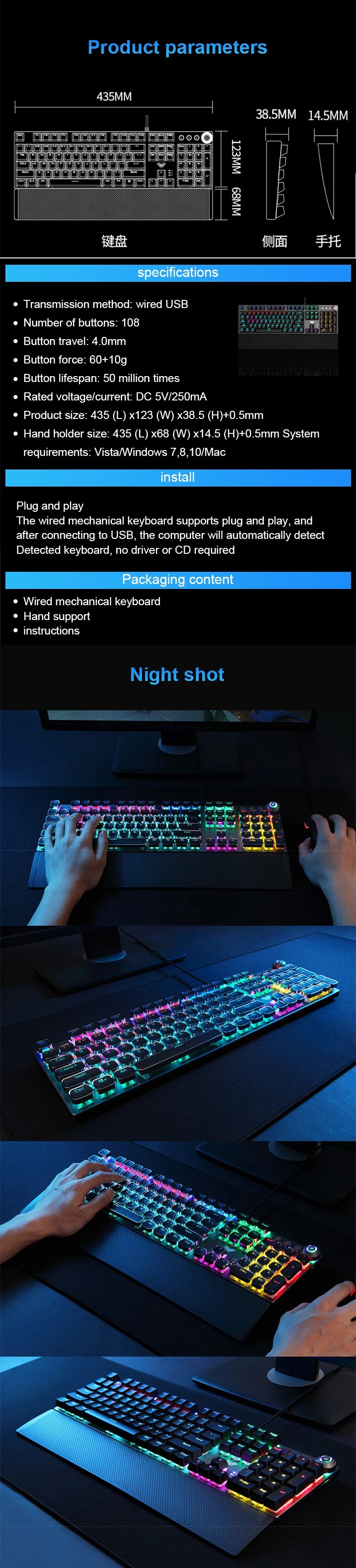 Teclado Mecânico AULA F2088 com Fio para Gaming, Botão Multifuncional, 104 Teclas, Retroiluminação Magic, Programação Macro, Compu