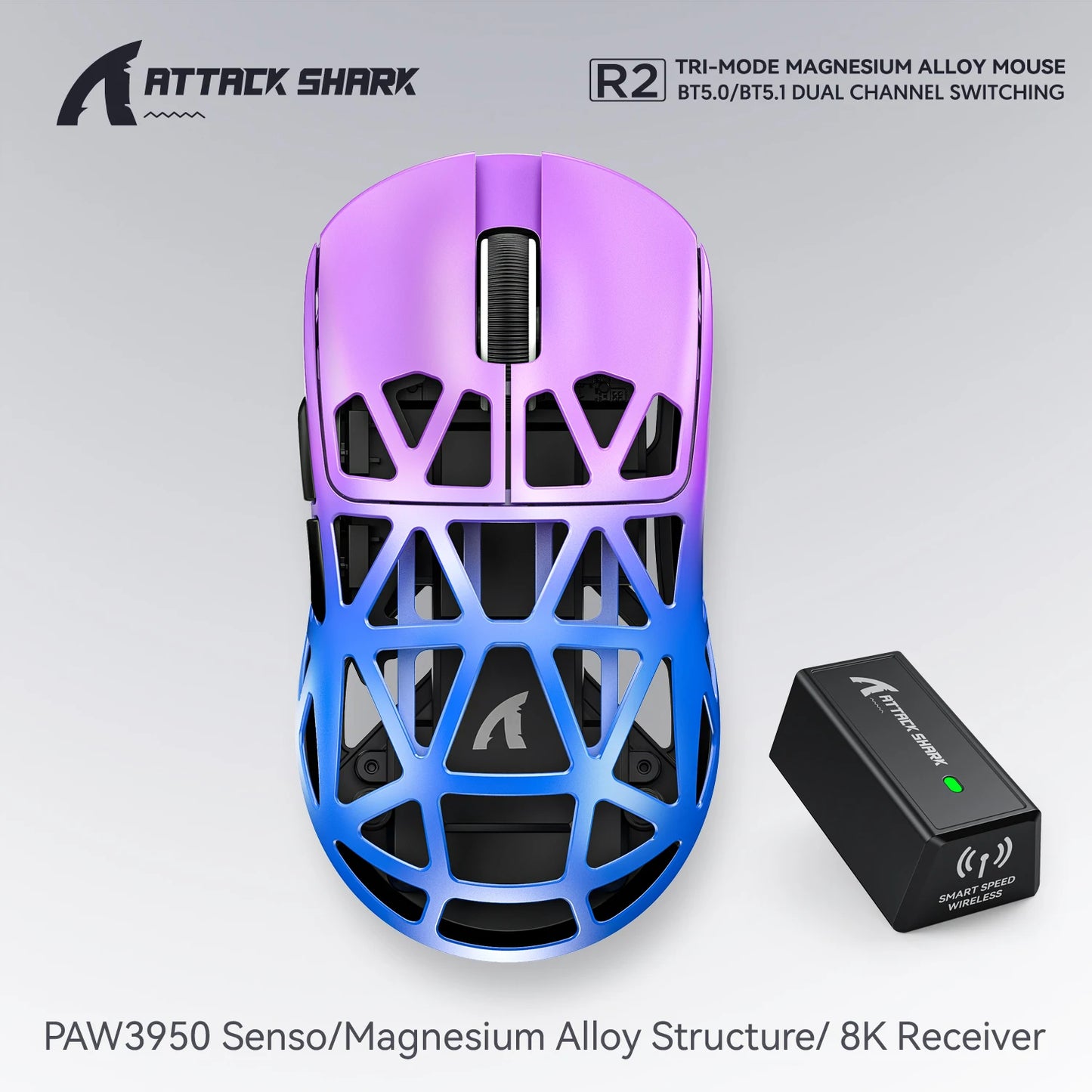 Mouse da gaming wireless Attack Shark R2 PAW3950 8K in lega di magnesio, leggero, Bluetooth tri-mode per gaming/ufficio