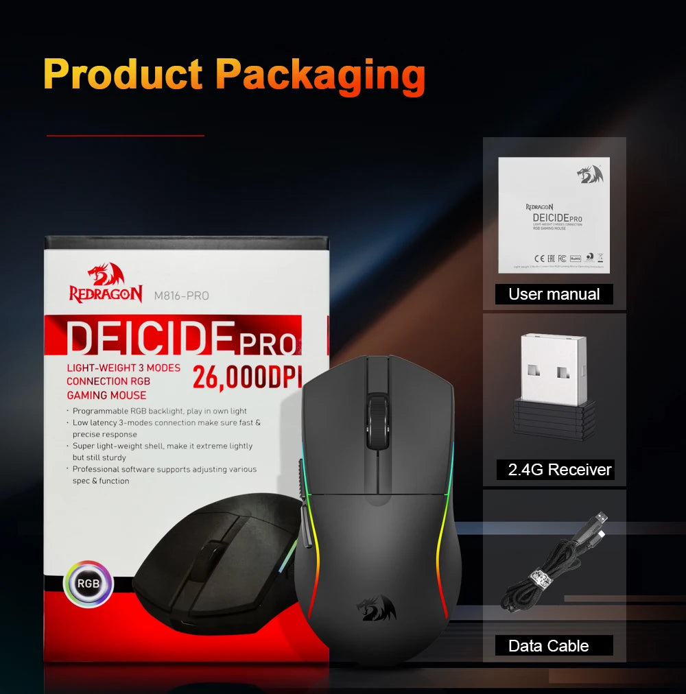 Ratón gaming REDRAGON DEICIDE M816 PRO RGB USB con soporte Bluetooth 2.4G inalámbrico, 26000 DPI, 6 botones para gamers, ratón con cable para ordenador