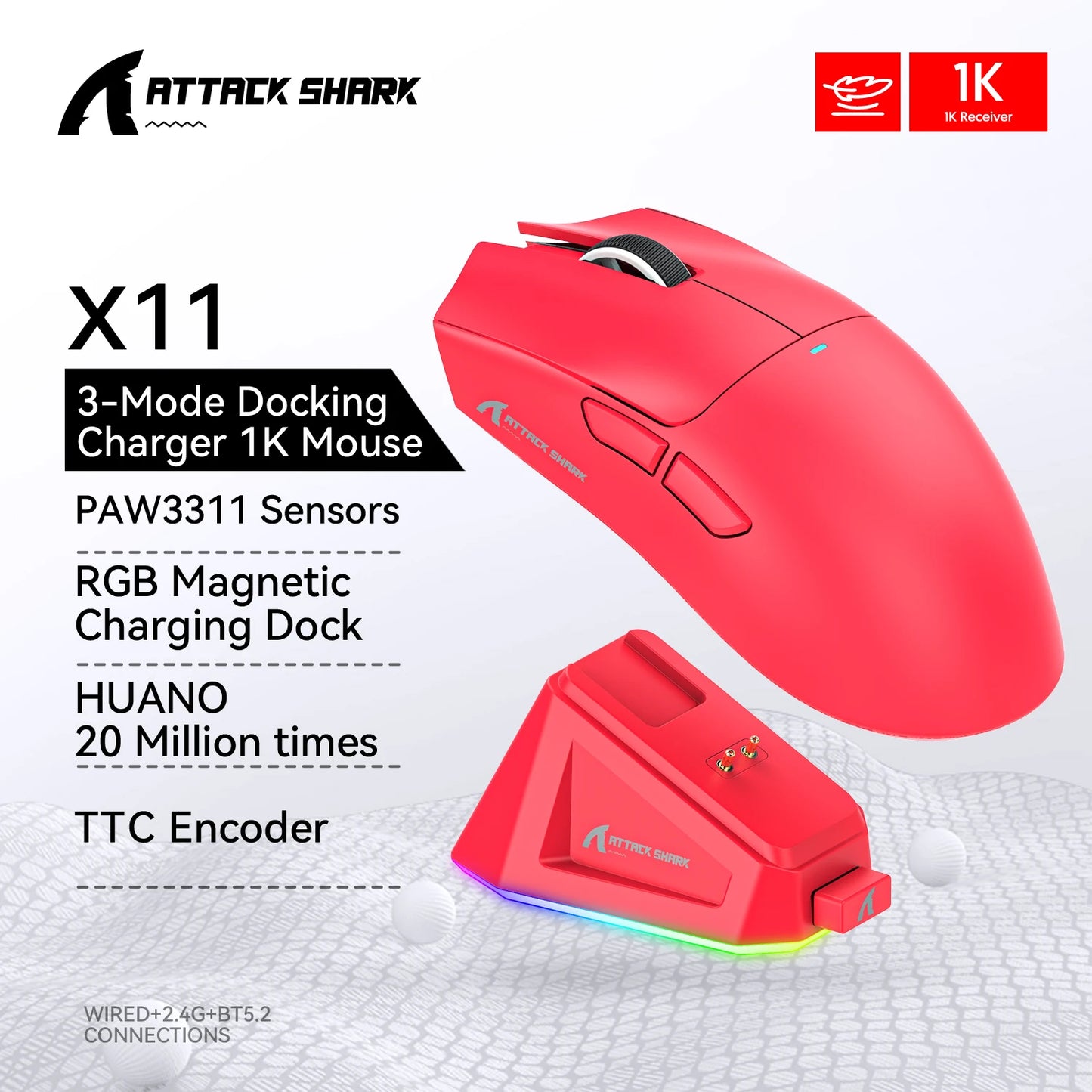 Attack Shark X11&R1 Tri-Mode-Bluetooth-Wireless-Maus mit Ladestation, RGB, ergonomische leichte Maus, PC-Gaming-Zubehör