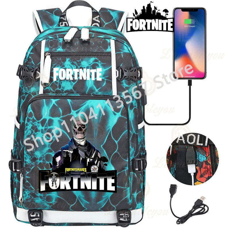Ultima Knight F-Fortnited Battle Royale Rucksack mit USB-Ladeanschluss, Anime-Figuren und Studienfach für Schreibwaren für Schüler