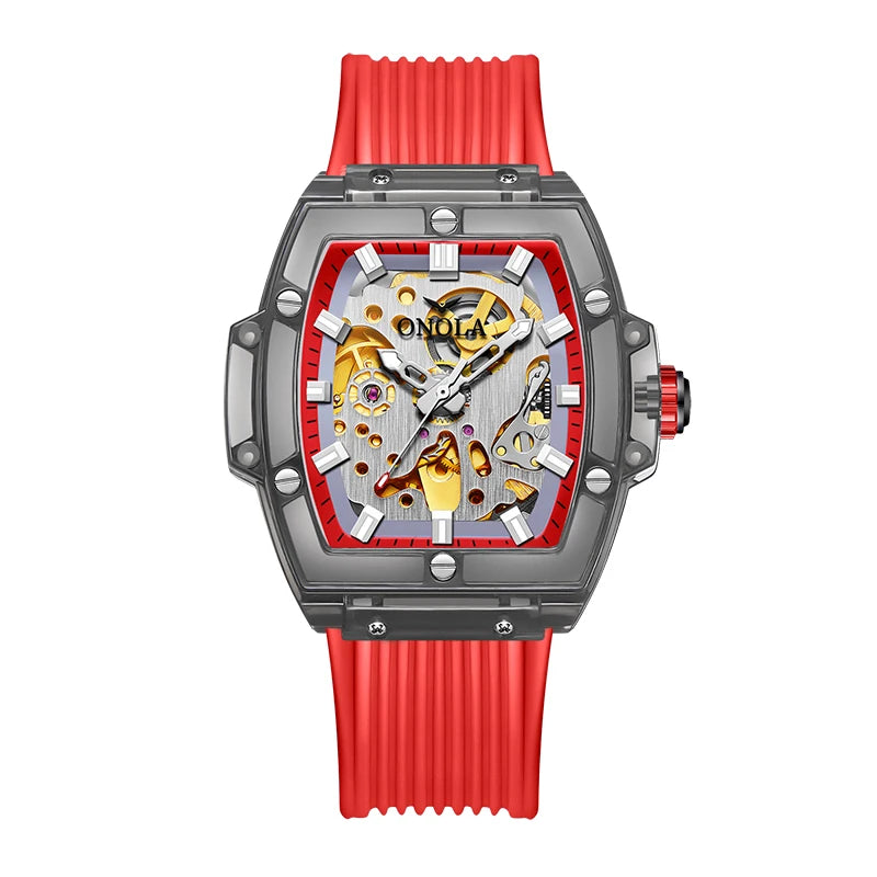 Luxury men's watch onola plastic transparent hollow full automatic mechanical watches men waterproof clock