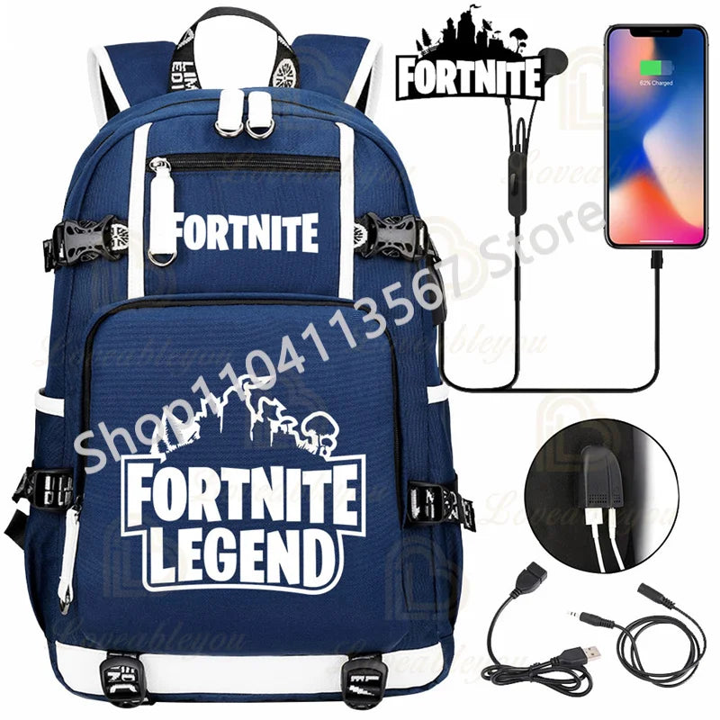 Mochila Yule Trooper F-Fortnited Battle Royale com carregamento USB, figuras anime e compartimento para material escolar para estudantes