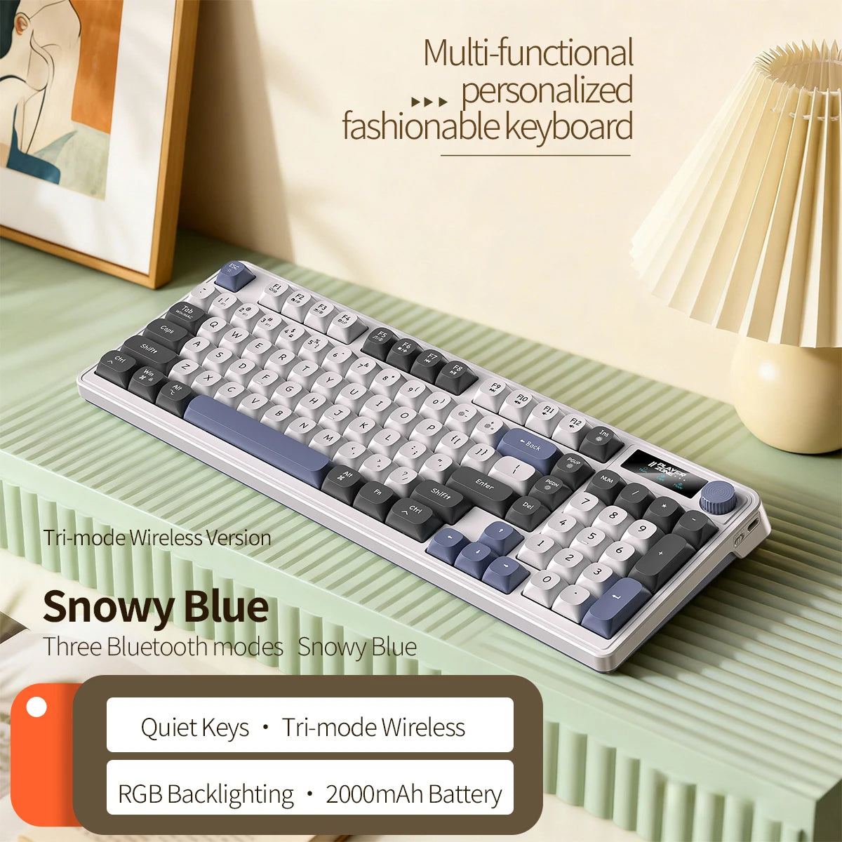 98 key Wireless Keyboard Knob Control BT/2.4g/Wired, RGB LED Backlight Display, 2000mA Battery for PC/Laptop