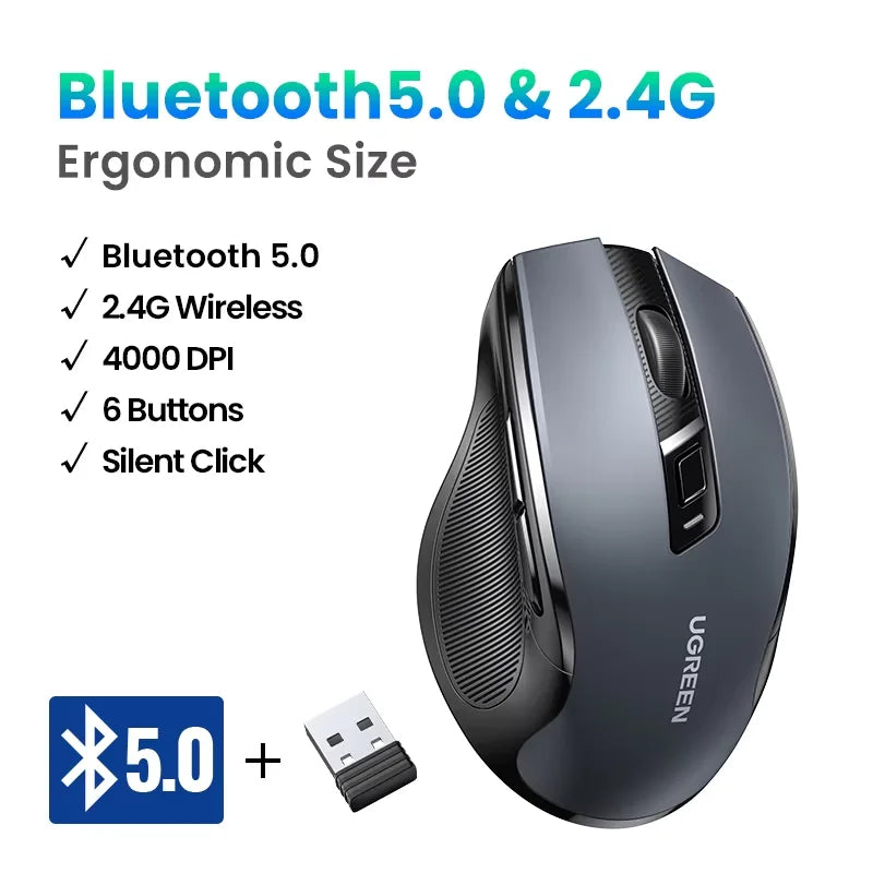 Ratón inalámbrico UGREEN Bluetooth 5.0 ergonómico 4000DPI con 6 botones silenciosos para MacBook, tabletas, portátiles, ordenador PC y conexión 2.4G
