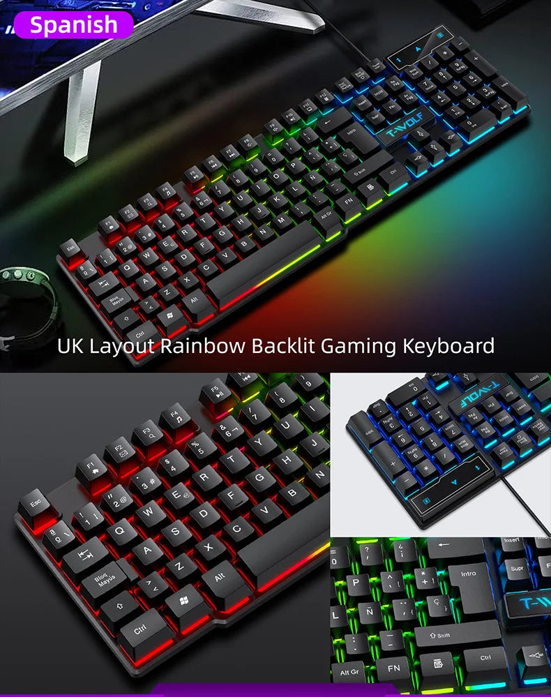 Teclado gaming com sensação mecânica, retroiluminado RGB, com fios, USB, para escritório e casa, com teclas multimédia, russo, espanhol, árabe e inglês