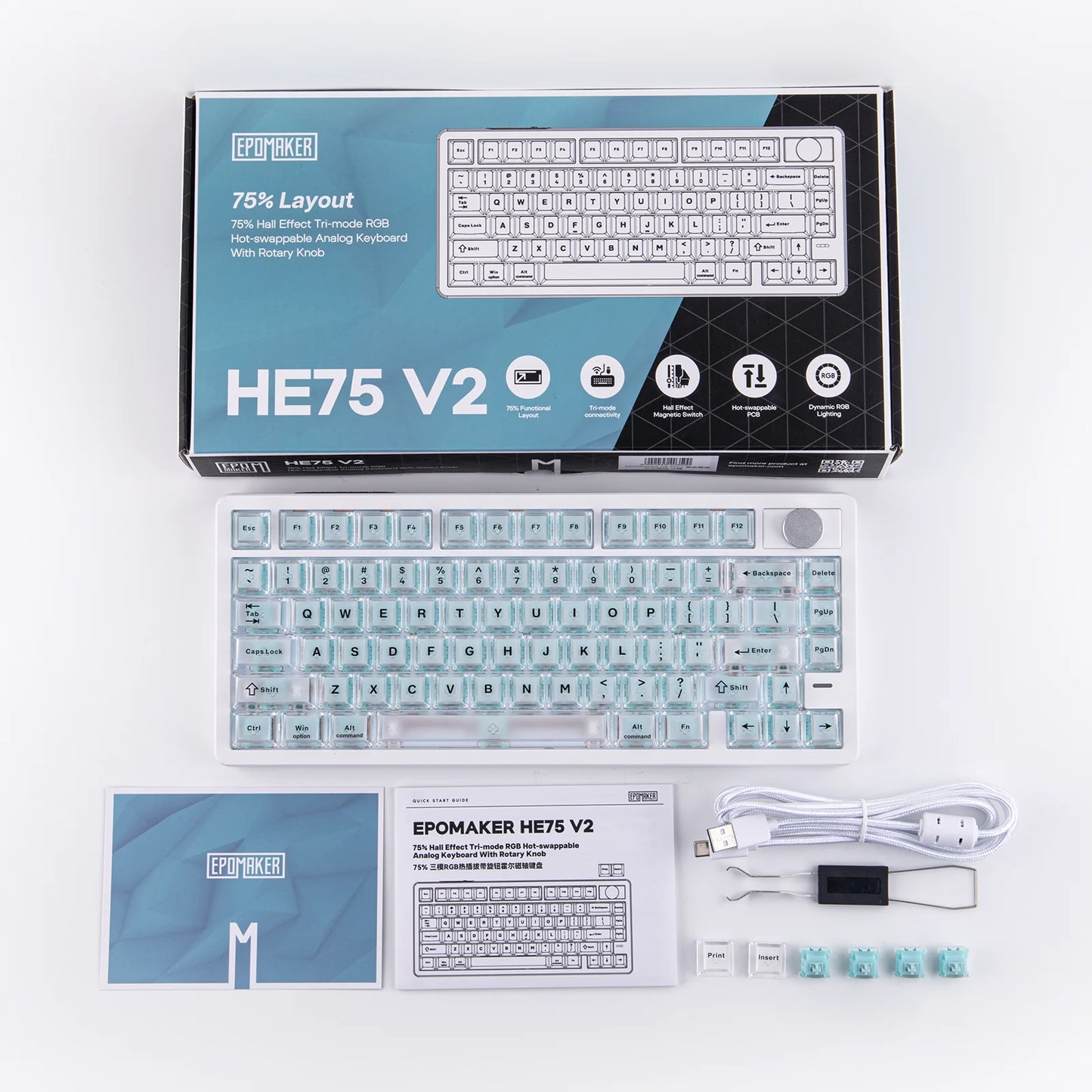 EPOMAKER HE75 V2 75% ANSI-US-Layout Tri-Mode kabellose Hall-Effect-Gaming-Tastatur mit 0.005mm einstellbarer Auslösung/Rapid Triggering