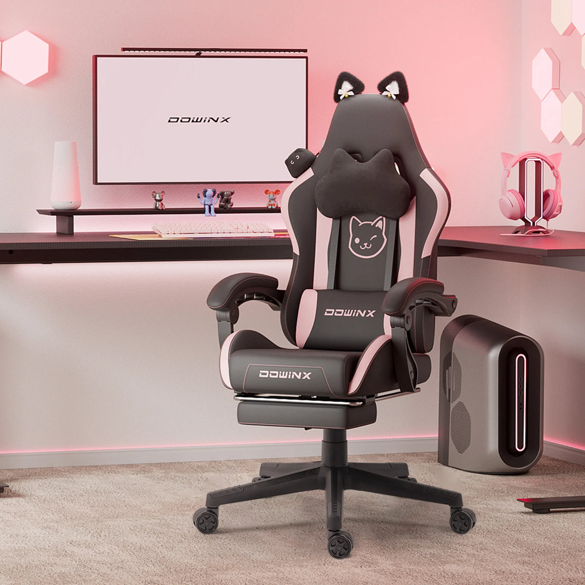 Cute Gaming Chair with Cat Ears Footrest Pink Kawaii Computer Chair Ergonomic High Back Gamer Seat with Cat Paw Lumbar Support