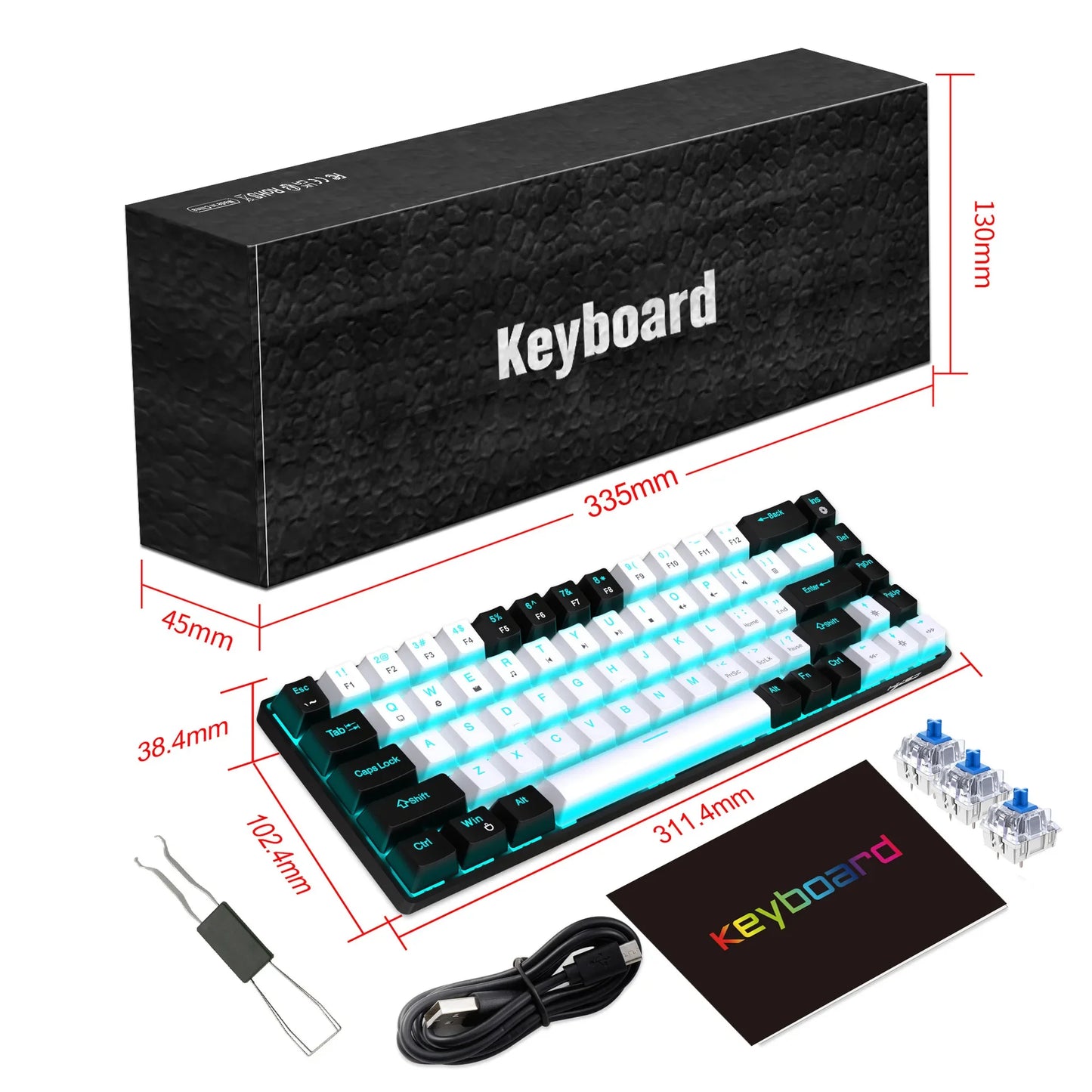 Mechanische Gaming-Tastatur 60% USB, weiße Tasten, Mini-Gamer-Tastatur, ergonomische Computertastatur mit Hintergrundbeleuchtung, Musica teclado pc