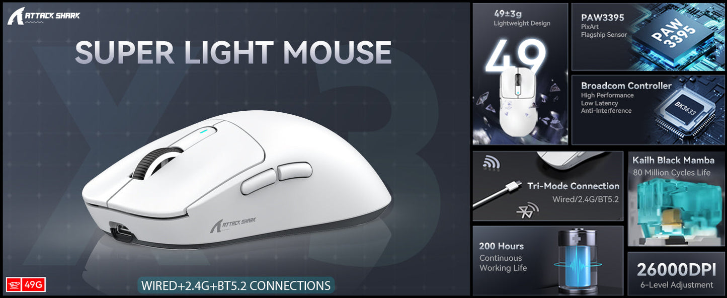 Mouse gaming wireless ATTACK SHARK X3 PixArt PAW3395 49g SUPERLIGHT, BT/2.4G wireless/cablato, 6 DPI regolabili fino a 26000