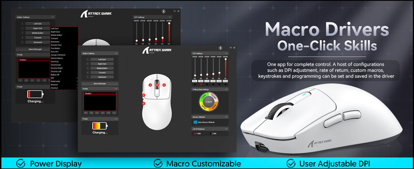 Mouse gaming wireless ATTACK SHARK X3 PixArt PAW3395 49g SUPERLIGHT, BT/2.4G wireless/cablato, 6 DPI regolabili fino a 26000