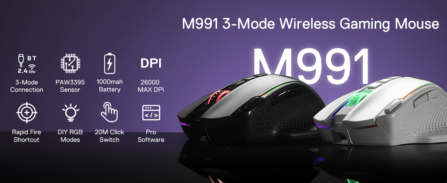 Ratón gaming inalámbrico Redragon M991, 26000 DPI, 3 modos, 9 botones macro, retroiluminación RGB, negro
