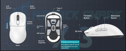 Mouse gaming wireless ATTACK SHARK X3 PixArt PAW3395 49g SUPERLIGHT, BT/2.4G wireless/cablato, 6 DPI regolabili fino a 26000