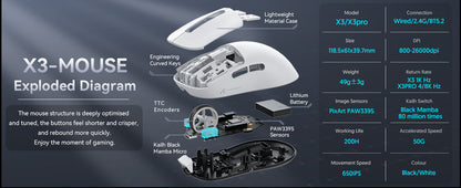 Mouse gaming wireless ATTACK SHARK X3 PixArt PAW3395 49g SUPERLIGHT, BT/2.4G wireless/cablato, 6 DPI regolabili fino a 26000