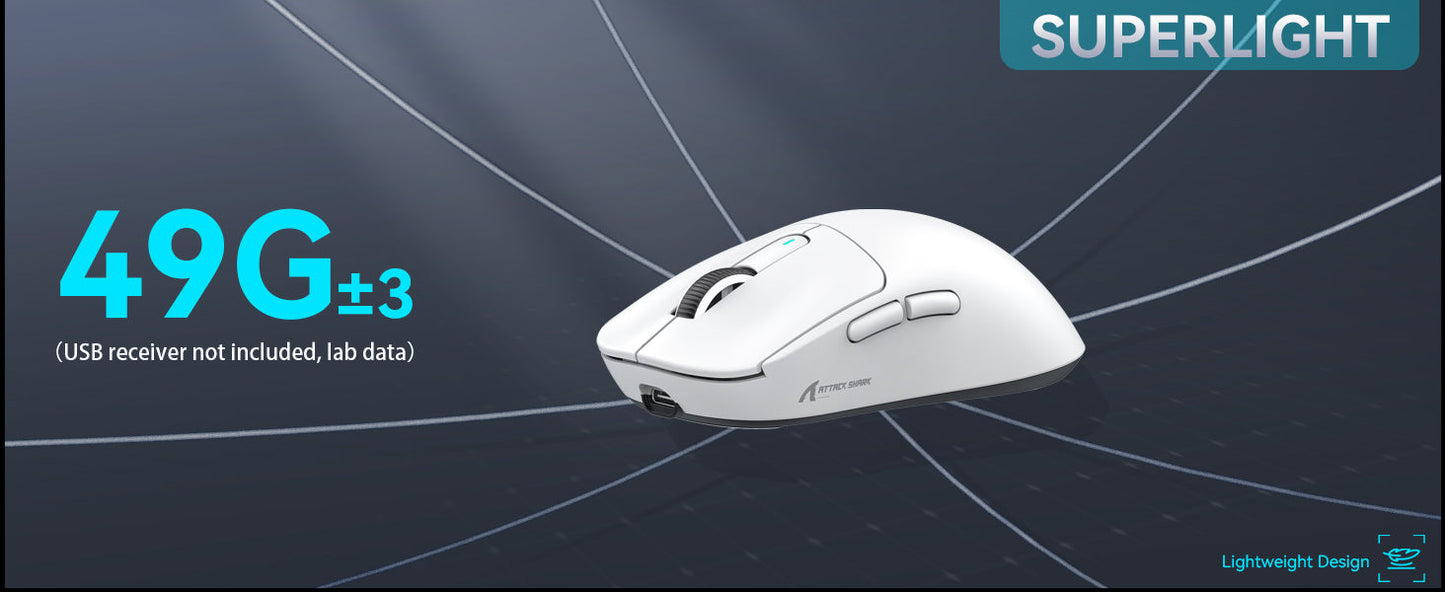 Mouse gaming wireless ATTACK SHARK X3 PixArt PAW3395 49g SUPERLIGHT, BT/2.4G wireless/cablato, 6 DPI regolabili fino a 26000