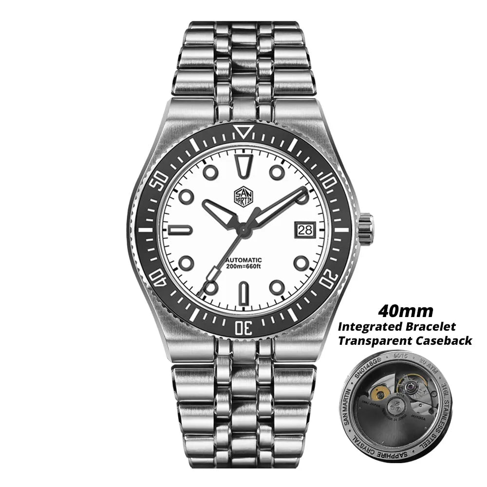 Relógio de mergulho de luxo para homem San Martin 40mm Miyota 9015, mostrador em esmalte sunburst, relógio de pulso mecânico automático, resistente à água 200m, SN0148
