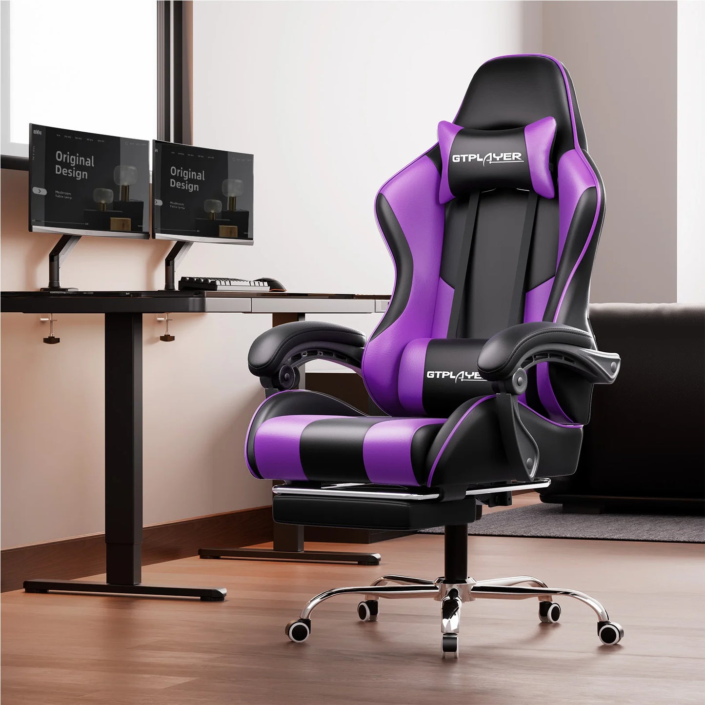 GTPLAYER Gaming chair with massage Lumin cushion & footrest, Ergonomic office chair with padded seat, swivel chair up to 150 kg