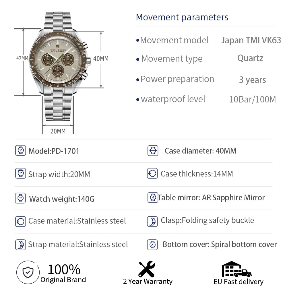 PAGANI DESIGN Planetary Series Saturn Light Tan  Quartz Watch Men Speed Chronograph AR Sapphire crystal Wristwatch Men 2026 New