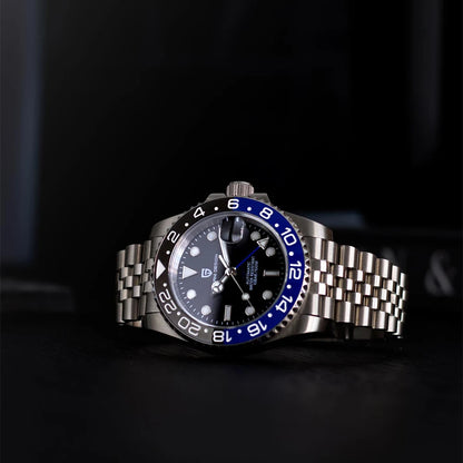Montre mécanique pour homme PAGANI DESIGN (40 mm) – Cadran violet, fonction GMT, bracelet type Jubilee, verre saphir, étanche, mouvement automatique