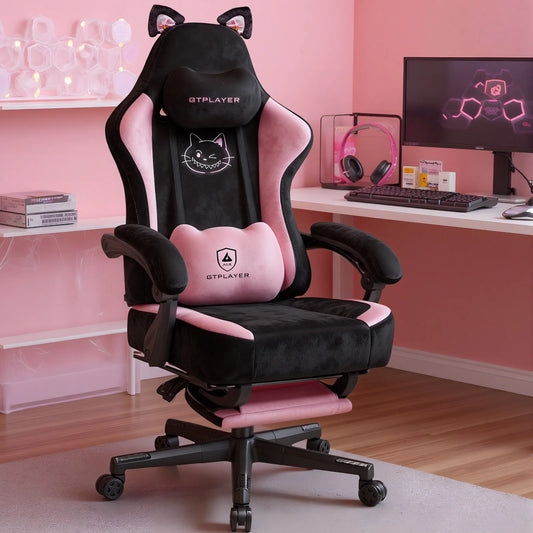 GTPLAYER Cute Gaming Chair with Velvet Fabric Ergonomic Office Chair Gamer Chair with Cat Ears 150kg Pink