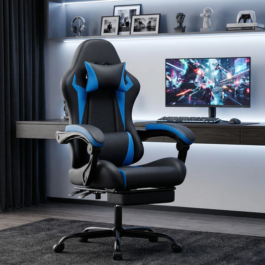 Black & Blue PU Leather Gaming Chair, Ergonomic Racing Style Computer Chair with Footrest, Height Adjustable Swivel Office Chair with Lumbar Support & Headrest for Adults, Boys and Girls