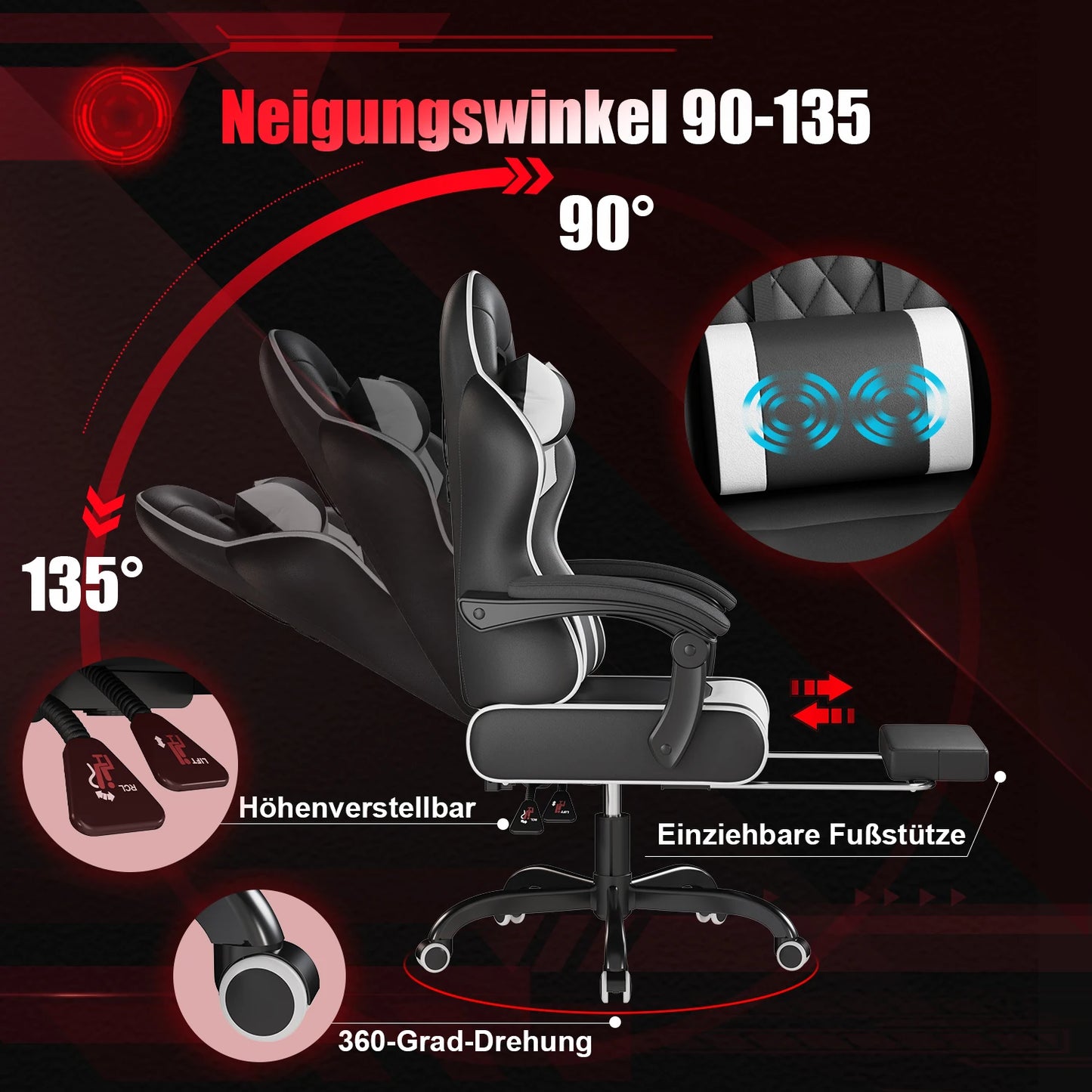 HOMALL Ergonomic Massage Gaming Chair with Lumbar Support, Adjustable Height Reclining Computer Chair, Swivel Office Chair with Headrest & Footrest