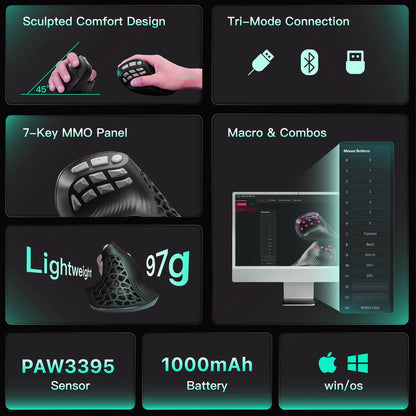 Rato Vertical SOLAKAKA E9 Pro MMO com Sensor PAW3395, Bateria de 1000mAh, Pega Vertical a 45° Ergonómica, Rato Gaming 8K