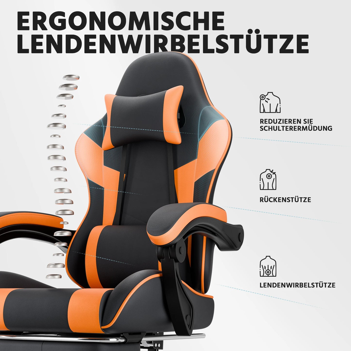 Black & Orange Gaming Chair, Ergonomic PU Leather Computer Chair with Footrest, Adjustable Swivel Office Chair with Lumbar Support & Headrest, Breathable High-Back Chair for Gaming & Work