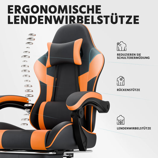 Black & Orange Gaming Chair, Ergonomic PU Leather Computer Chair with Footrest, Adjustable Swivel Office Chair with Lumbar Support & Headrest, Breathable High-Back Chair for Gaming & Work