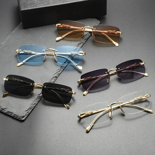 Fashion Vintage Rimless Square Sunglasses Women Men Luxury Brand Designer Popular Travel Driving Metal Leopard Head Sun Glasses