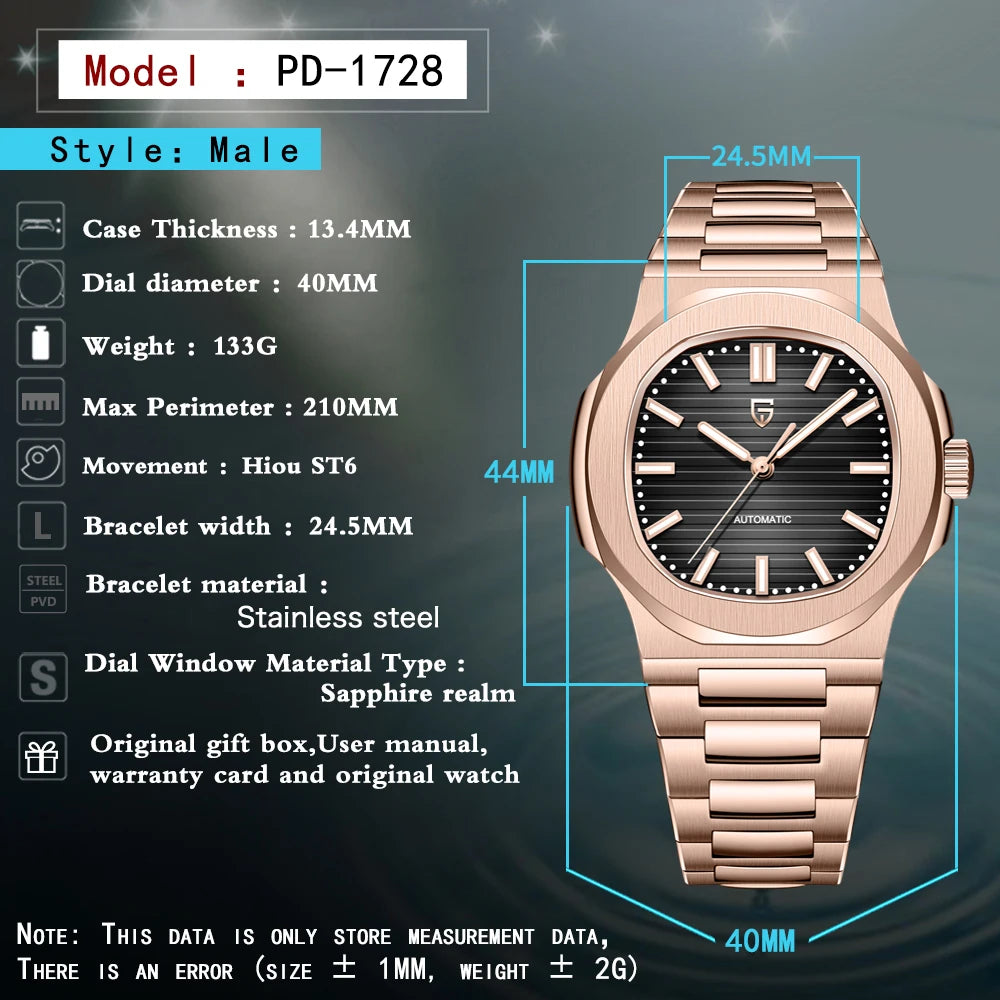PAGANI DESIGN 2026 Neue luxuriöse Automatikuhr für Herren, mechanische Armbanduhr aus Edelstahl mit Saphirglas, 40MM, Barrel-Zifferblatt