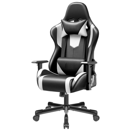 Gaming chair multi-directional adjustable PU leather ergonomic lumbar support Headrest Black and White