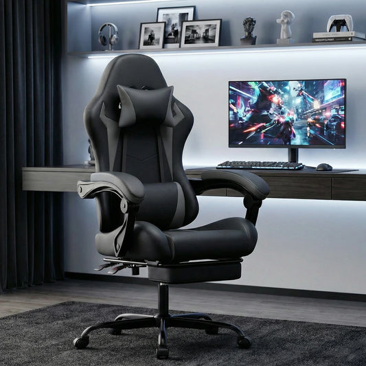 Black & Grey PU Leather Gaming Chair, Ergonomic Racing Style Computer Chair with Footrest, Height Adjustable Swivel Office Chair with Lumbar Support & Headrest for Adults, Boys and Girls
