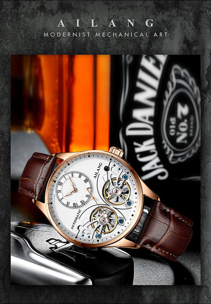 AILANG Brand New Fashion Double Tourbillon Watch for Men Luxury Stainless Steel Waterproof Automatic Mechanical Watches