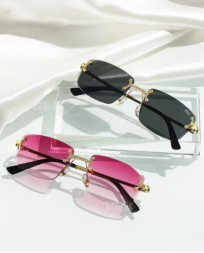 HBK Square Rimless Sunglasses Women TOP Quality Retro Metal Sun Glasses Men Luxury Party Business Gradient Shades 2024