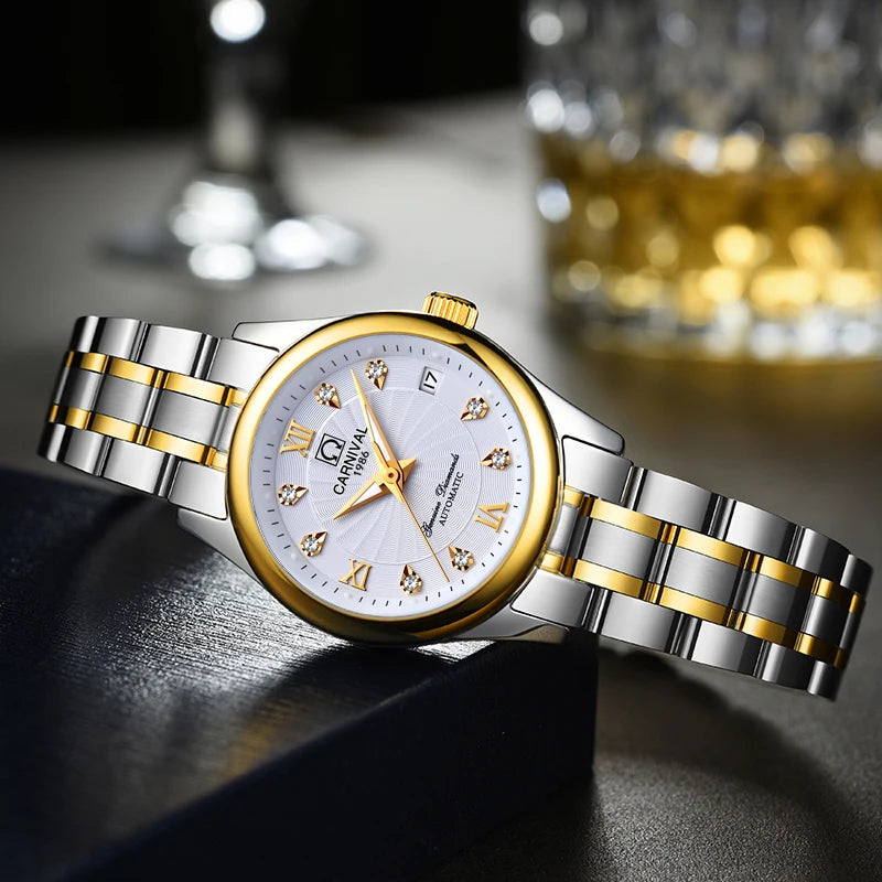 Reloj de pulsera mecánico para mujer de la marca CARNIVAL: modelo elegante, movimiento automático, cristal de zafiro, resistente al agua.