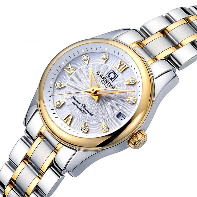 Reloj de pulsera mecánico para mujer de la marca CARNIVAL: modelo elegante, movimiento automático, cristal de zafiro, resistente al agua.
