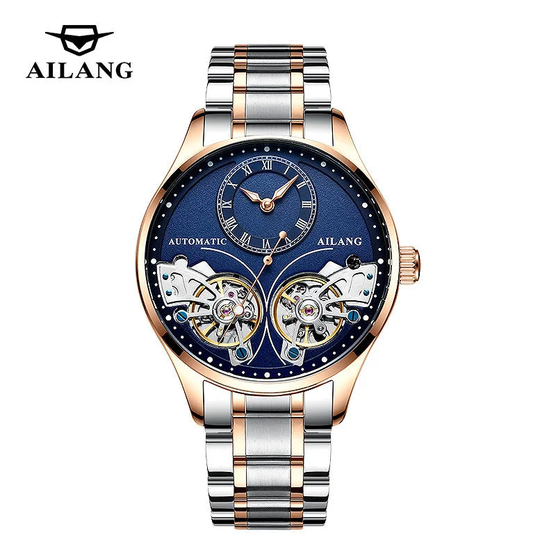 AILANG Brand New Fashion Double Tourbillon Watch for Men Luxury Stainless Steel Waterproof Automatic Mechanical Watches