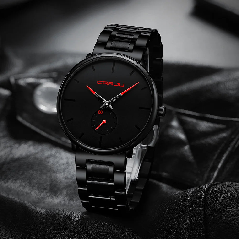 Montre pour homme CRRJU – Montre-bracelet en acier inoxydable, style décontracté et luxueux, étanche, montre de sport à quartz pour homme