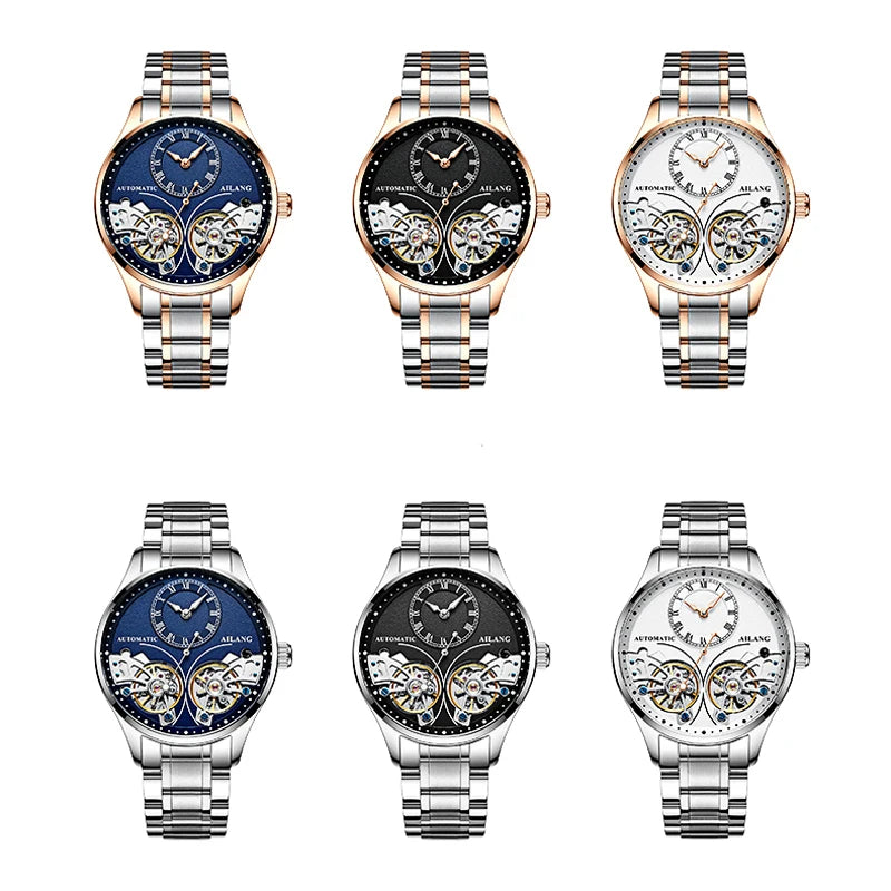AILANG Brand New Fashion Double Tourbillon Watch for Men Luxury Stainless Steel Waterproof Automatic Mechanical Watches