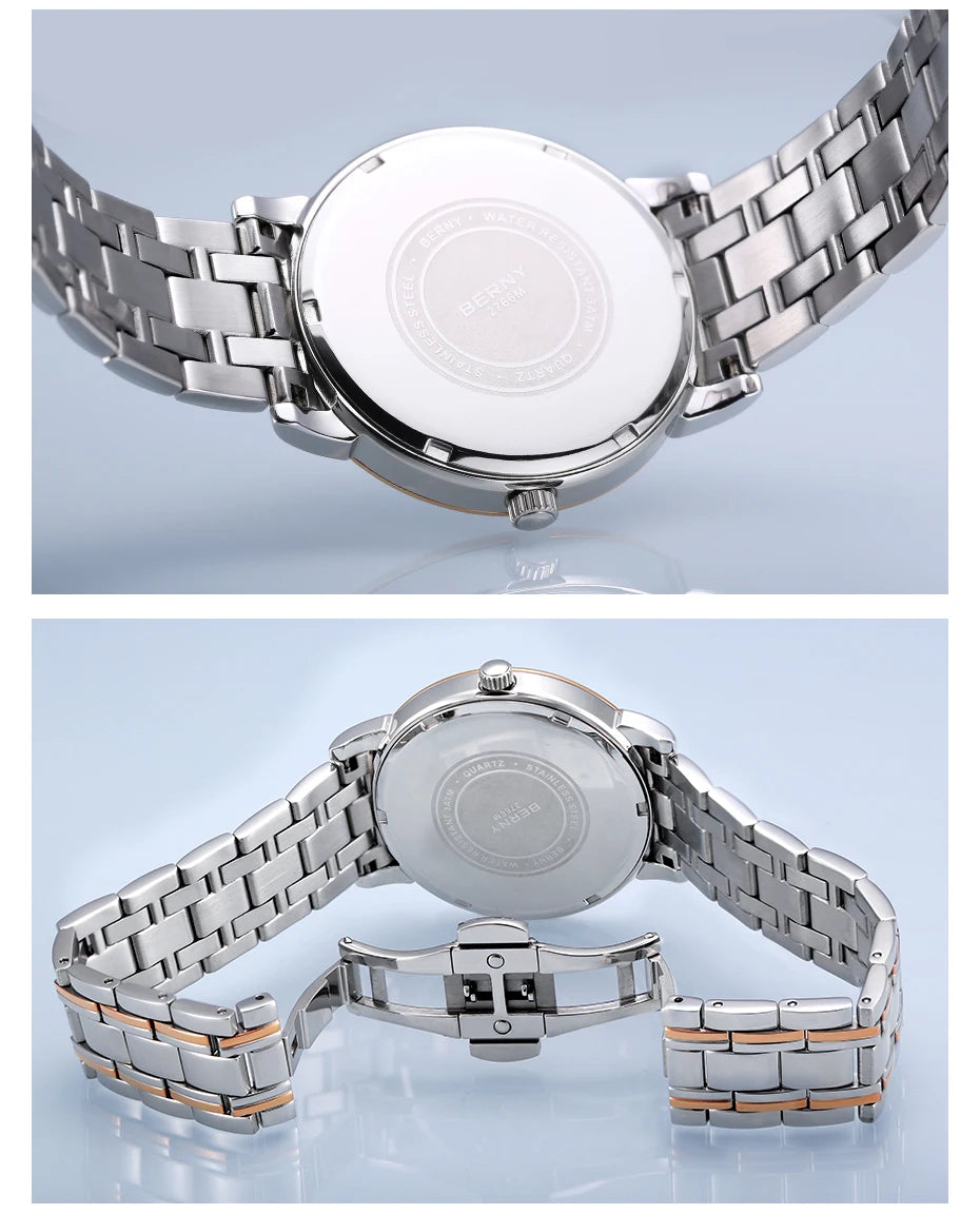 Montre à quartz pour homme BERNY, équipée d'un mouvement Miyota VJ55, modèle de luxe de haute qualité avec affichage du jour, boîtier en acier inoxydable, verre saphir et étanchéité.